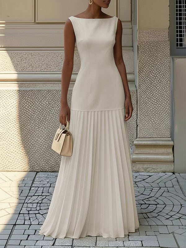 Sleeveless Gauze Pleated Solid Color Split-Joint Boat Neck Evening Dresses Maxi Dresses