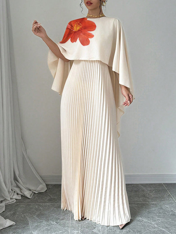 Cape Loose Floral Printed Pleated Split-Joint Round-Neck Evening Dresses Maxi Dresses