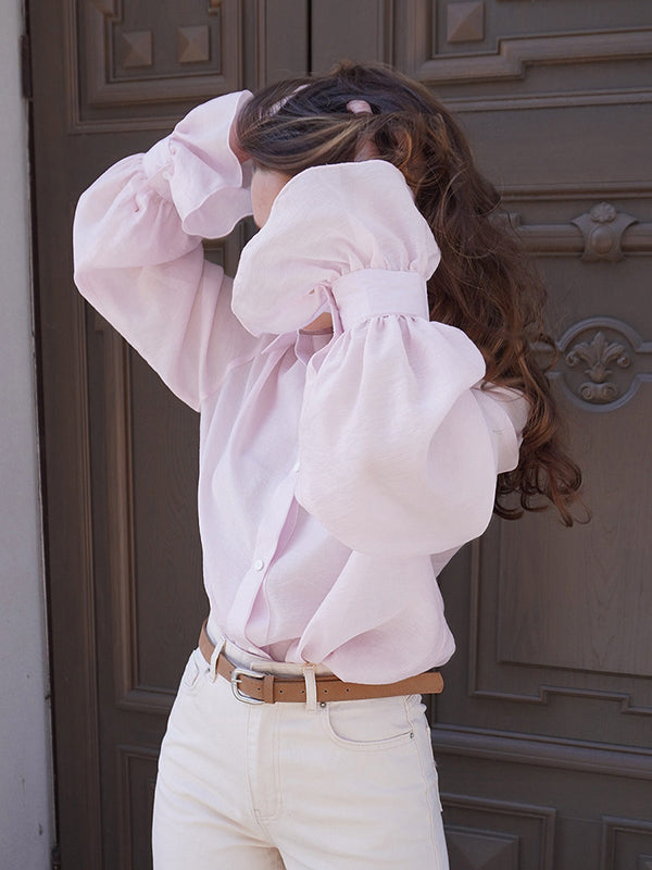 Loose Puff Sleeves Pleated Solid Color Split-Joint Lapel Blouses&Shirts Tops