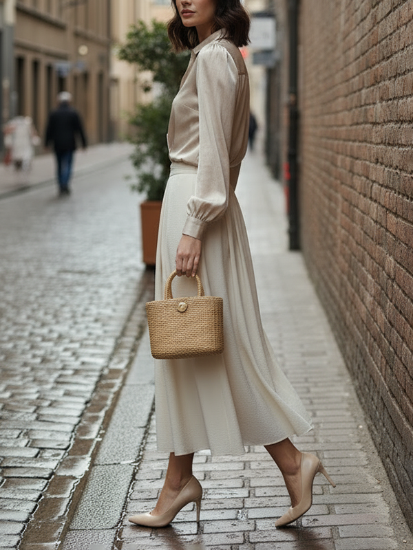 Long Sleeves Loose Buttoned Pleated Solid Color Lapel Blouses&Shirts Tops