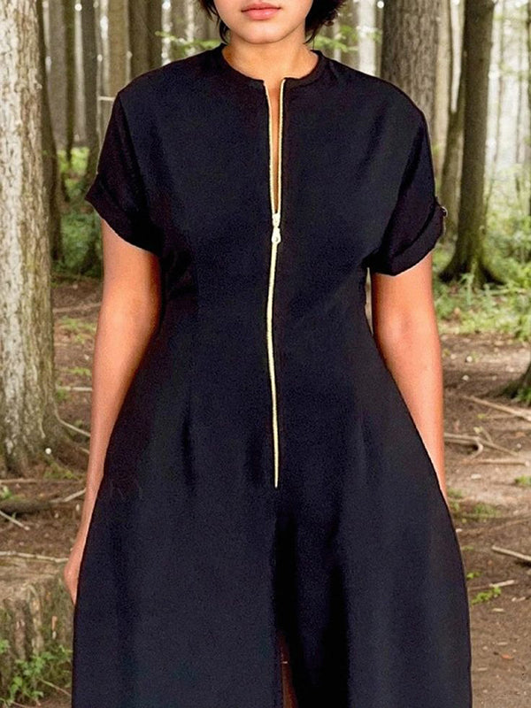 Short Sleeves Wide Leg Elasticity Split-Joint Zipper Round-Neck Jumpsuits
