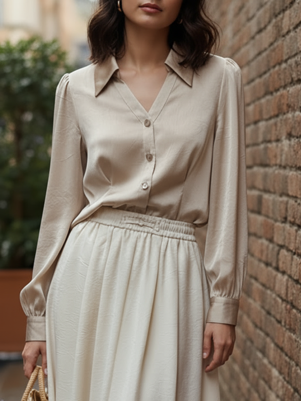 Long Sleeves Loose Buttoned Pleated Solid Color Lapel Blouses&Shirts Tops