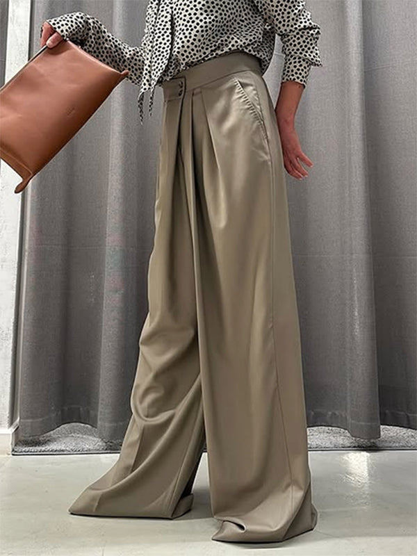 High Waisted Loose Pleated Solid Color Split-Joint Pants Trousers