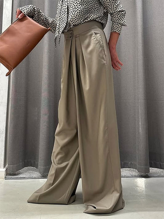 High Waisted Loose Pleated Solid Color Split-Joint Pants Trousers