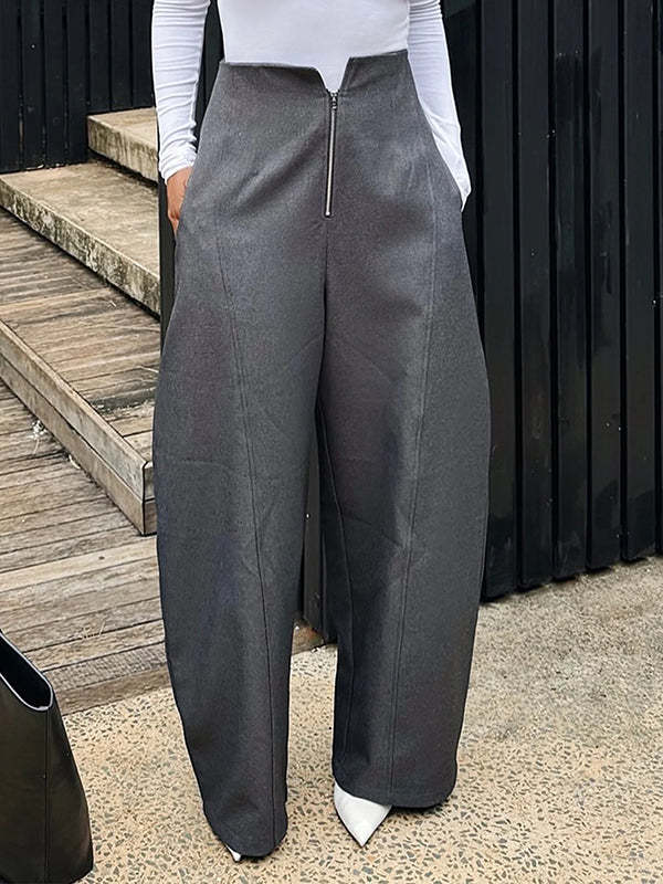 Loose Pockets Solid Color Zipper Pants Trousers