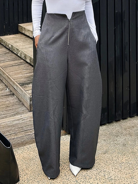 Loose Pockets Solid Color Zipper Pants Trousers