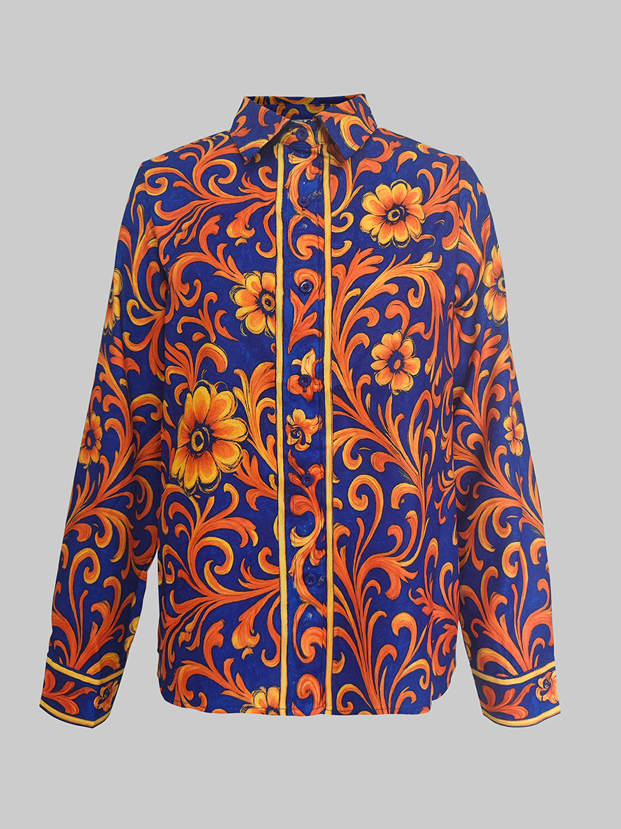 Long Sleeves Buttoned Flower Print Lapel Blouses&Shirts Tops