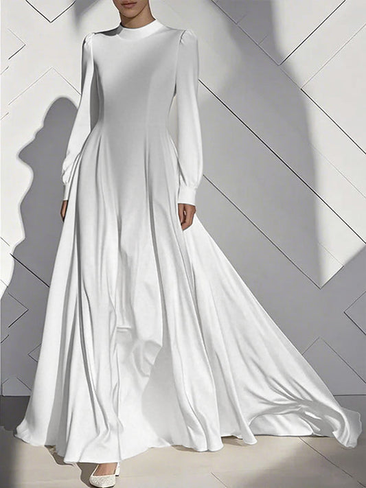 A-Line High Waisted Pleated Solid Color Zipper Mock Neck Maxi Dresses