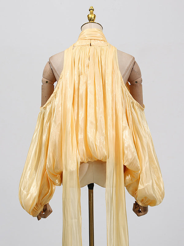 Long Sleeves Loose Pleated Solid Color Tied Halter-Neck Blouses&Shirts Tops