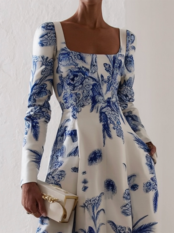 Long Sleeves Skinny Flower Print Square-Neck Midi Dresses