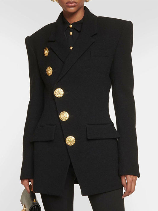 Long Sleeves Loose Buttoned Pockets Solid Color Notched Collar Blazer Outerwear