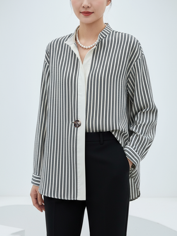 Long Sleeves Loose Buttoned Striped Stand Collar Blouses&Shirts Tops