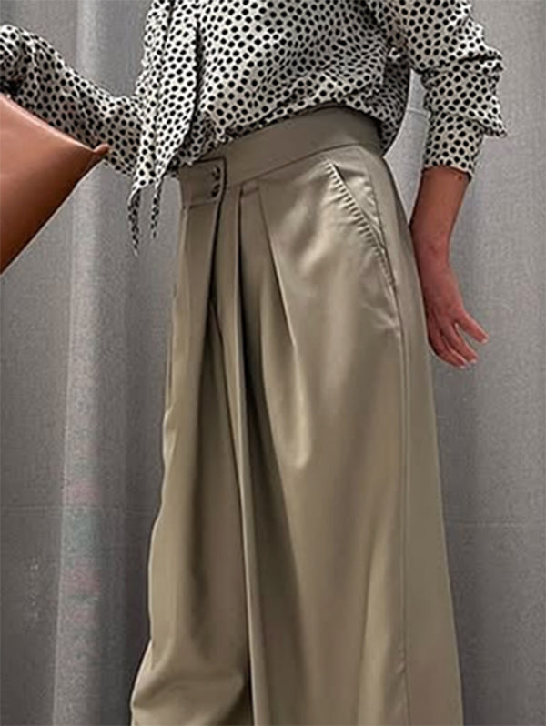 High Waisted Loose Pleated Solid Color Split-Joint Pants Trousers