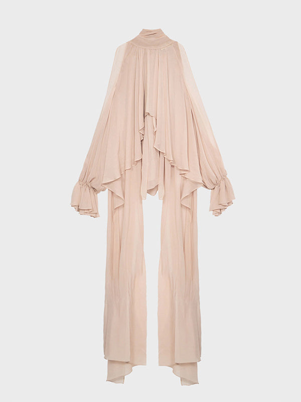 High-Low Long Sleeves Elasticity Hollow Pleated Solid Color Mock Neck Blouses&Shirts Tops
