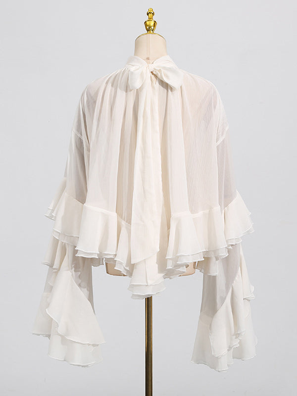 False Two Flared Sleeves Pleated Ruffle Trim See-Through Solid Color Tied Mock Neck Blouses&Shirts Tops