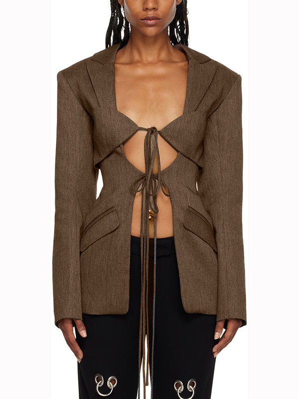 Long Sleeves Loose Pockets Solid Color Tied Notched Collar Blazer Outerwear