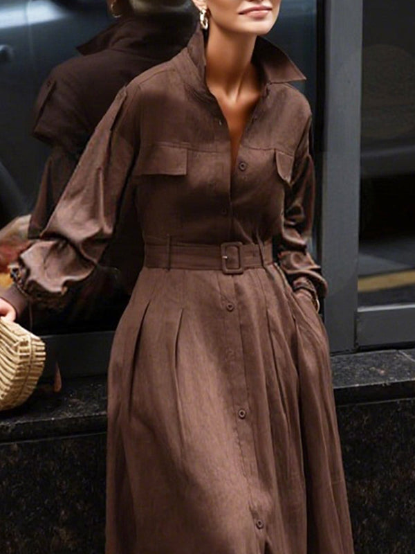 Loose Puff Sleeves Pleated Solid Color Split-Joint Lapel Maxi Dresses Shirt Dress