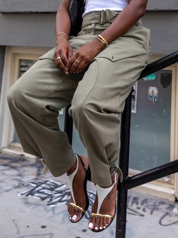 Loose Buckle Solid Color Split-Joint Pants Trousers