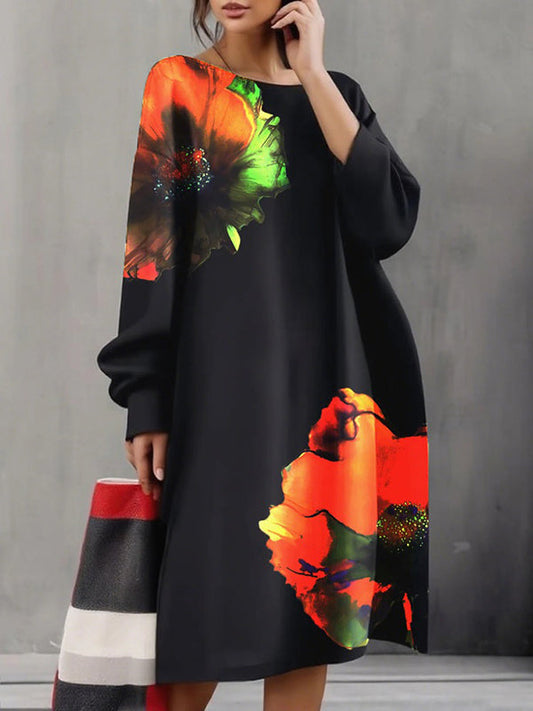 A-line Long Sleeves Flower Print Pockets Round-neck Midi Dresses