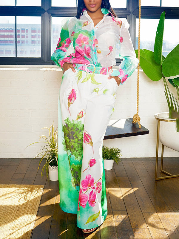 Long Sleeves Loose Floral Printed Gauze See-Through Split-Joint Lapel Blouses&Shirts Tops
