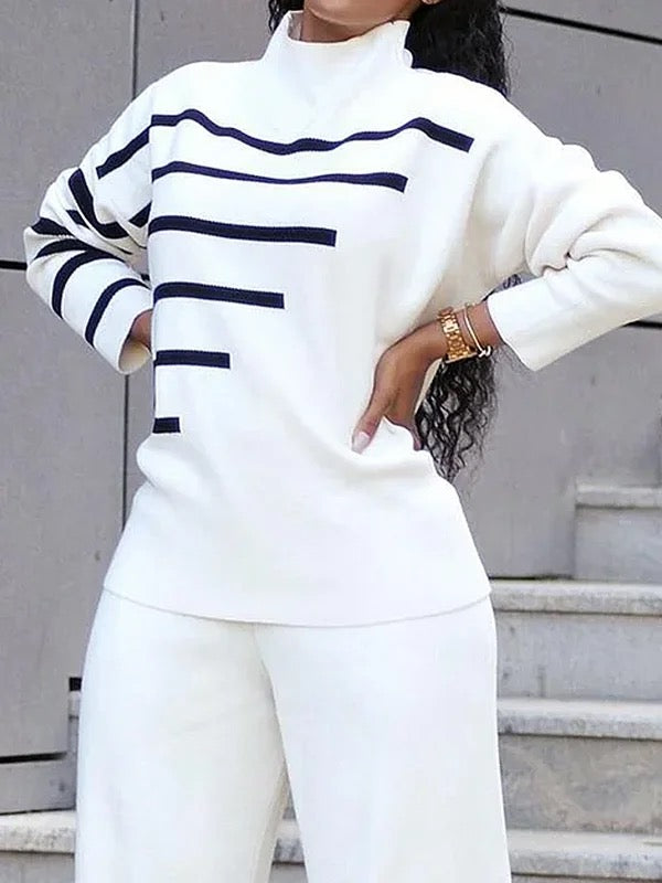 High-Low Long Sleeves Contrast Color Split-Side High Neck Pullovers Sweater Tops