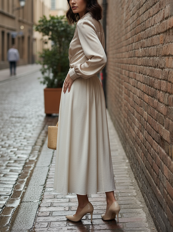 Long Sleeves Loose Buttoned Pleated Solid Color Lapel Blouses&Shirts Tops