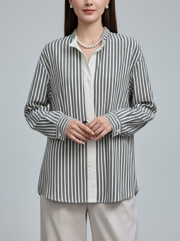 Long Sleeves Loose Buttoned Striped Stand Collar Blouses&Shirts Tops