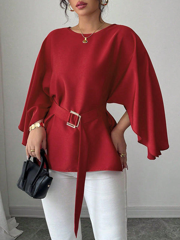 Batwing Sleeves Split-Joint Tied Waist Round-Neck Blouses&Shirts Tops