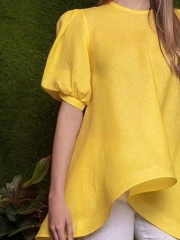 High-Low Loose Pleated Solid Color Round-Neck Blouses&Shirts Tops