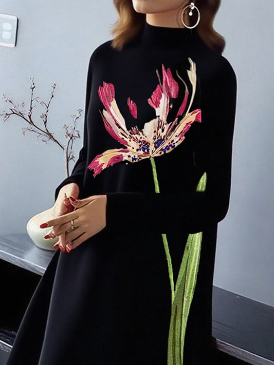 A-Line Long Sleeves Flower Print Mock Neck Midi Dresses