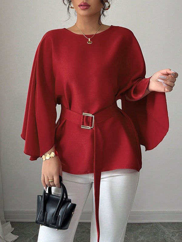 Batwing Sleeves Split-Joint Tied Waist Round-Neck Blouses&Shirts Tops