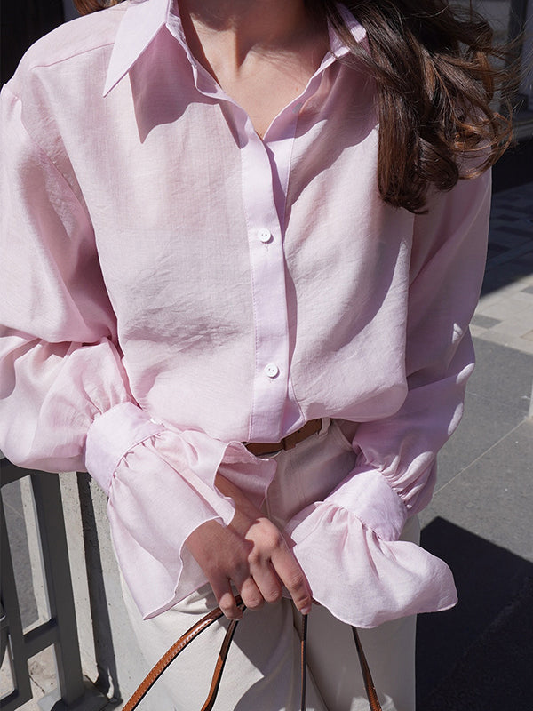Loose Puff Sleeves Pleated Solid Color Split-Joint Lapel Blouses&Shirts Tops