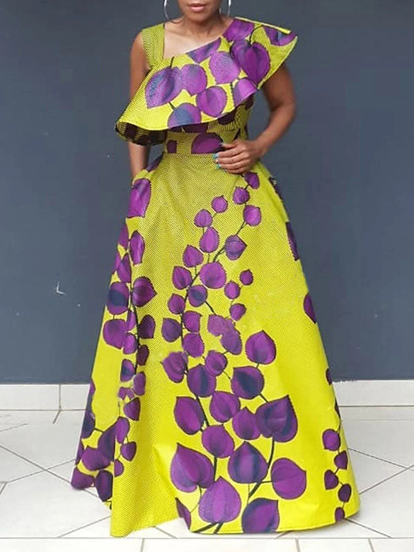 A-Line Sleeveless Asymmetric Printed Split-Joint Asymmetric Collar Evening Dresses Maxi Dresses