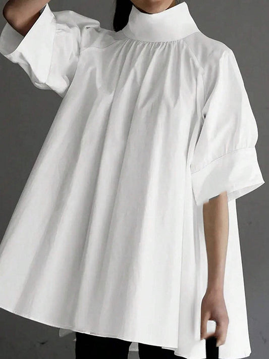 Half Sleeves Loose Solid Color High Neck Blouses&Shirts Tops